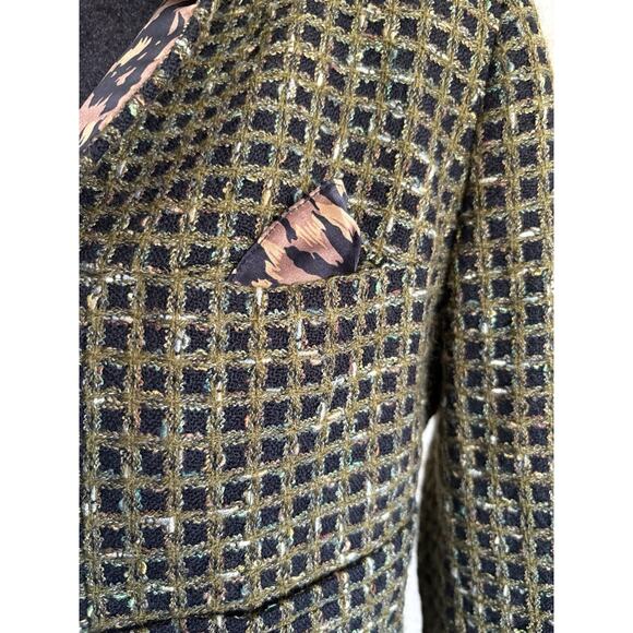 Carlisle Tweed Cropped Blazer 6 Green Black Leopard Statement Jacket Office Chic - Picture 5 of 13